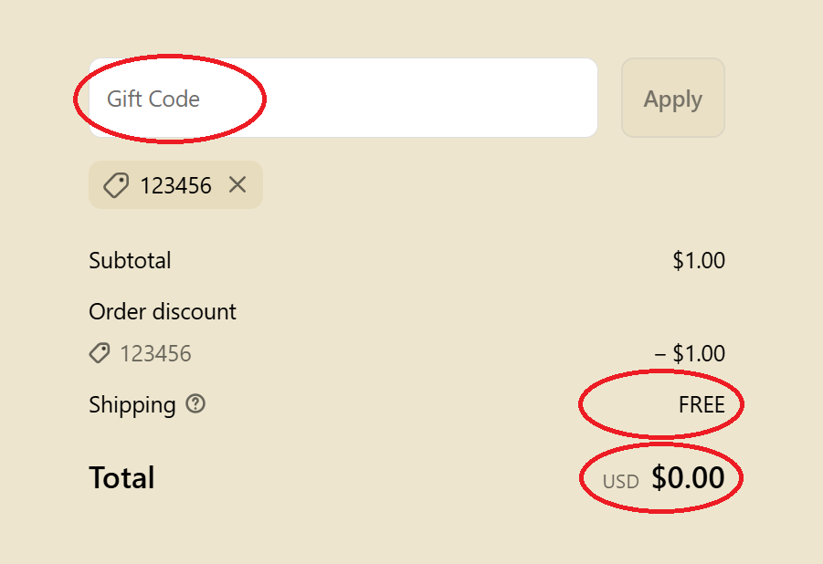 Checkout detail with gift code applied